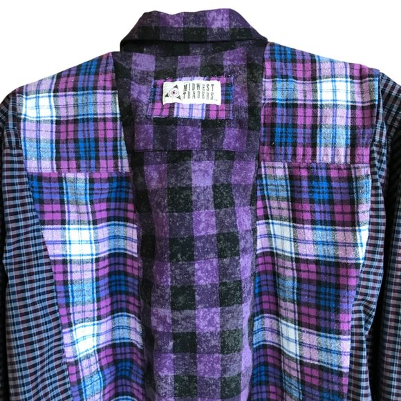 Mixed Print Button-Down Shirt, M: Upcycled Artsy Color Block Purple Black Top - Picture 9 of 12